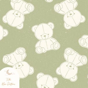 May include: A repeating pattern of cream-colored teddy bears on a muted green background. The bears are outlined with simple lines and have small, round eyes and stitched details. The phrase "To the Moon Patterns" is in the lower left corner.