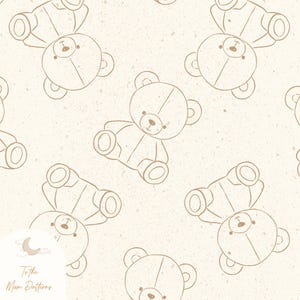 May include: A seamless pattern featuring a repeating design of brown teddy bears on a beige background. The bears are drawn in a simple, minimalist style with rounded features. The pattern is perfect for use in a variety of creative projects, such as fabric, wallpaper, or wrapping paper.