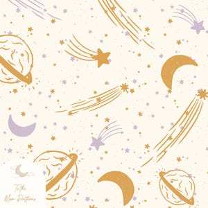 Himmlisches Goldraummuster, Planeten, Monde und Sternschnuppen-nahtloses digitales Design, digitales Papier, Galaxie-nahtloses Muster