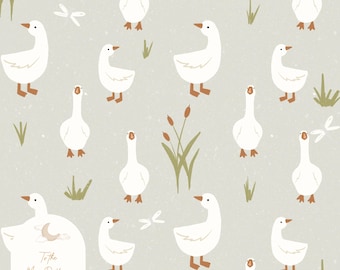 Goose Seamless Pattern Digital Download – Cute White Ducks on Sage Green Background with Grass & Dragonflies – Nursery Fabric - Farm Animal