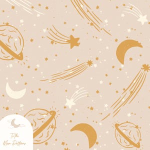 Himmlisches Goldraummuster, Planeten, Monde und Sternschnuppen-nahtloses digitales Design, digitales Papier, Galaxie-nahtloses Muster