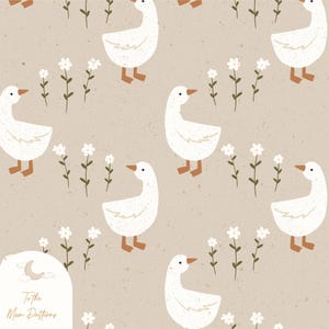 Modello affascinante con oca e fiori di campo - Design rustico beige neutro per tessuti, carta da parati, decorazioni per la cameretta dei bambini - Modello senza cuciture con fiori di campo