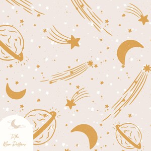 Himmlisches Goldraummuster, Planeten, Monde und Sternschnuppen-nahtloses digitales Design, digitales Papier, Galaxie-nahtloses Muster