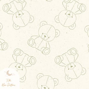 May include: A seamless pattern featuring a repeating design of cute teddy bears on a light beige background. The bears are outlined in a light green color and have simple facial features.