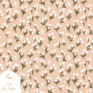 Peach Floral Seamless Pattern | Delicate White Wildflowers Digital Paper | Romantic Cottagecore Botanical Background JPG