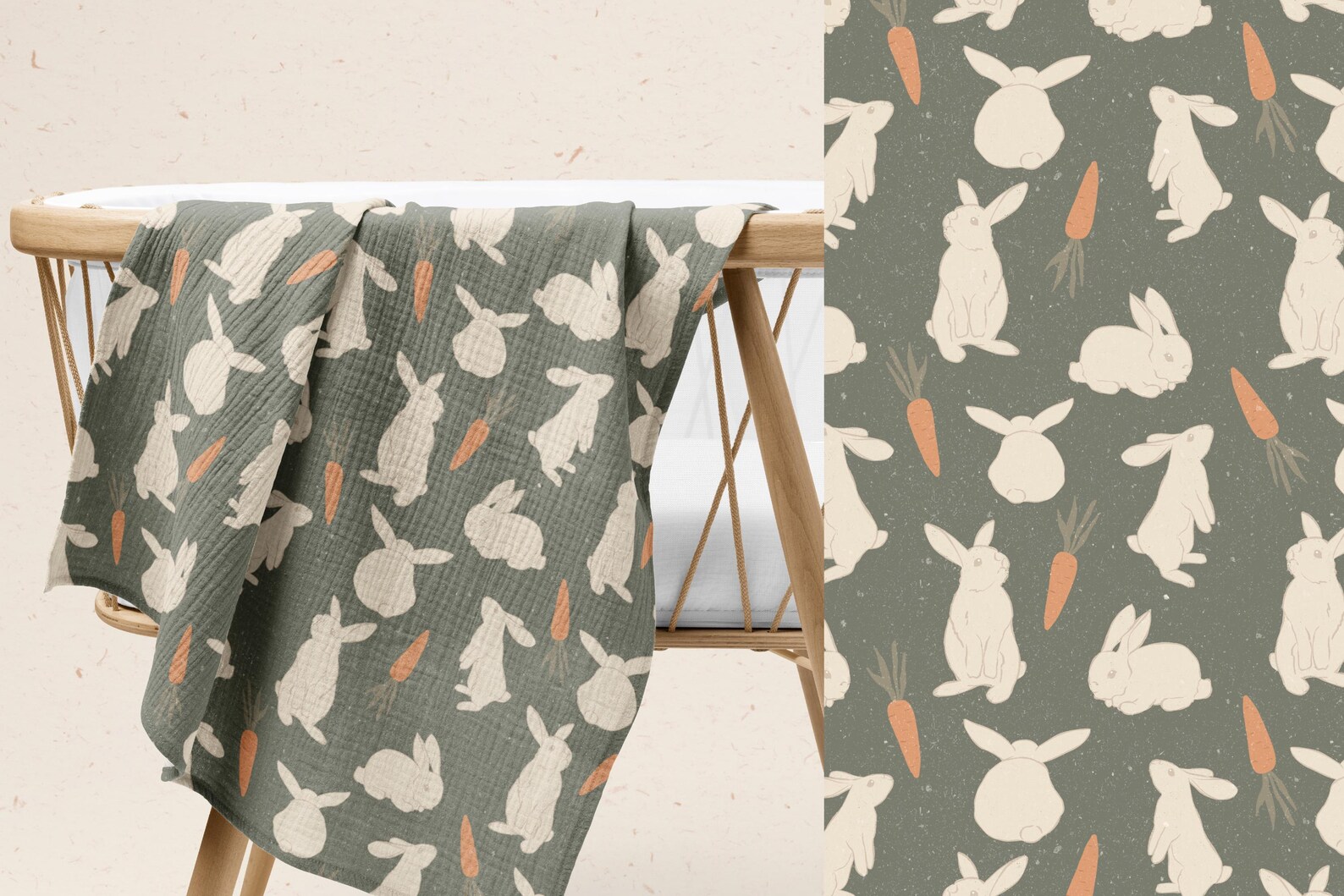 Minimalist Bunny Pattern Fabric – Neutral Rabbit Print Textile for ...