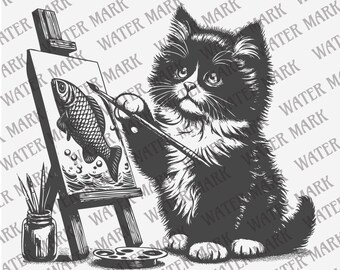 May include: A black and white illustration of a cat painting a fish on a canvas. The cat is holding a paintbrush in its paw and is looking at the canvas. There are paintbrushes and a jar of paint on the table next to the easel.