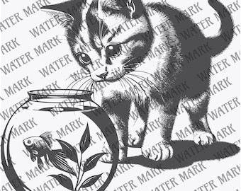 May include: A black and white line drawing of a kitten looking into a fishbowl. The fishbowl contains a goldfish and a plant.
