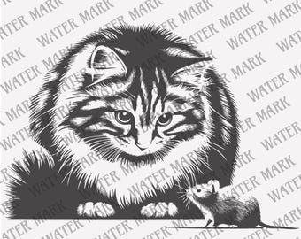 Scottish Straight Cat and Mouse Instant Download, Laser Ready, Laser Engraver Files, Charcuterie & cutting boards SVG Files Fluffy Tabby Cat