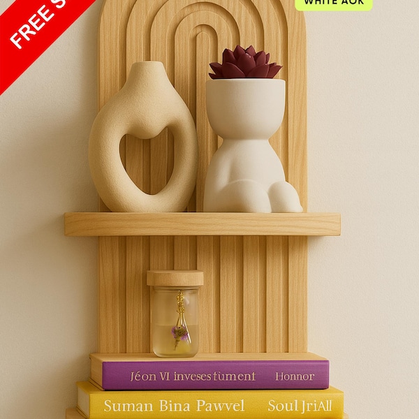 Modern Arched Wall Shelf – Minimalist Floating Wood Shelf - WHITE OAK - Trend 2025