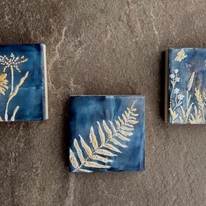 Può includere: Tre piastrelle quadrate in ceramica con disegni botanici. Una piastrella presenta un fiore giallo e bianco, un'altra una felce e la terza una composizione floreale con farfalle. Le piastrelle hanno uno sfondo blu scuro.
