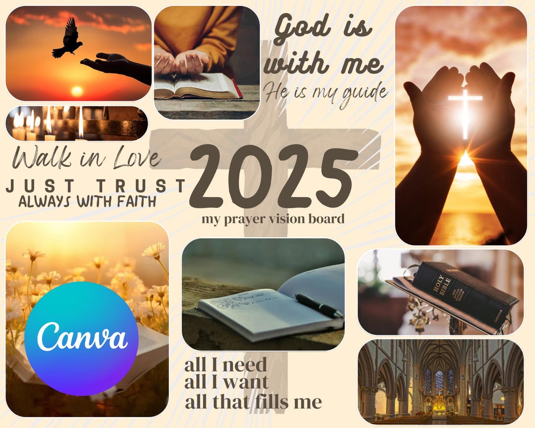 Vision board para orar, tablero de visión editable en CANVA para orar