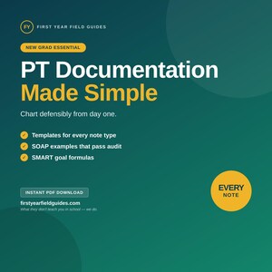 May include: A digital guide titled PT Documentation Made Simple with a dark green background and yellow text. It features the text New Grad Essential, Chart defensibly from day one, and lists templates, SOAP examples, and SMART goal formulas.