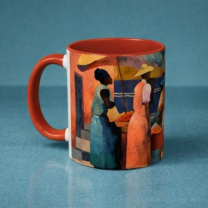 Tasse à café en céramique, art de cuisine tropical, femme afro-antillaise peignant la culture insulaire accent maison, tasse du matin colorée, cadeau pour elle