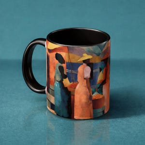 Caribbean market ceramic mug tropical street vendor art vibrant island painting cultural kitchen decor coffee lover gift for her home accent