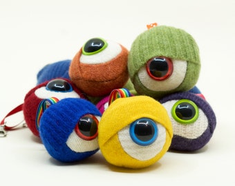Monster eyeball keychain upcycled plush repurposed sweaters stuffed monster