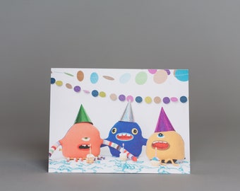 colourful monster birthday party invitation blank greeting card quirky art
