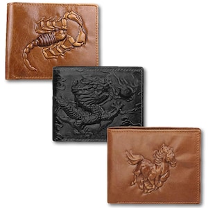 Cartera corta plegable de cuero genuino auténtico para hombre, con bloqueo RFID, impresión 3D, estilo retro vintage en relieve