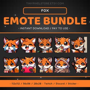 Orange Fox Twitch Emote Bundle 10x - Cute Happy Fox Pack Discord Emote, Cute, Love, Popcorn, Cozy, Pizza, Streaming Assets, Gaming, Sticker