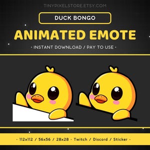 May include: Animated emote featuring two yellow cartoon ducks with large eyes and pink cheeks. The ducks are peeking over a white surface. Text includes "DUCK BONGO" and "ANIMATED EMOTE - INSTANT DOWNLOAD / PAY TO USE."