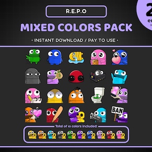 Pacchetto Emote Twitch REPO 24x - Tutti i colori - Emote Discord R.E.P.O, divertenti, risorse per lo streaming, giochi, adesivi, gioco, emoji meme, semibot, anatra