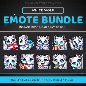 Pacchetto Emote Twitch White Wolf 10x - Emote Discord White Wolf Pack, carino, divertente, animale, volpe bianca artica, risorse per lo streaming, adesivo da gioco
