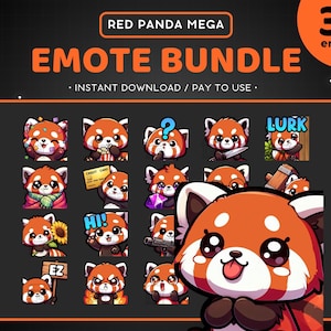 Paquete de 35 emoticones de Twitch de panda rojo: emoticón de Discord de panda naranja, animal gracioso y tierno, oso, recursos de transmisión, calcomanía de juego, cómodo, malvado