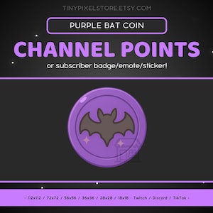 May include: A purple coin with a bat design, labeled "Purple Bat Coin" and "Channel Points." The image is a promotional graphic for subscriber badges, emotes, or stickers. The background is black with white stars.