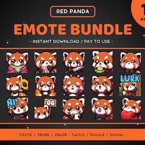 Roter Panda Twitch Emote Bundle 15x - Oranger Panda Pack Discord Emote, süßes lustiges Tier, Bär, Gaming Sticker, bequem, böse