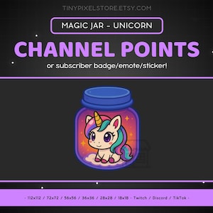 Pode incluir: Um frasco roxo com um unicórnio dentro. O unicórnio é branco com uma crina e cauda rosa. O frasco tem um fundo estrelado rosa, amarelo e azul. O texto "CHANNEL POINTS" está na parte superior da imagem. O texto "or subscriber badge/emote/sticker!" está abaixo do texto "CHANNEL POINTS". O texto "112x112/72x72/56x56/36x36 / 28x28/18x18 Twitch / Discord / TikTok" está na parte inferior da imagem.