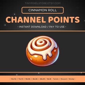 Puede incluir: Una ilustración digital de un rollo de canela con glaseado blanco. La imagen es para usar como recompensa de puntos de canal de Twitch o Discord. El texto "CHANNEL POINTS" se muestra encima de la imagen.