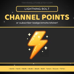 Peut inclure: Graphique numérique avec un éclair jaune, intitulé "CHANNEL POINTS" et "LIGHTNING BOLT". L'image est sur un fond sombre avec des étoiles blanches, adapté à Twitch, Discord et TikTok.