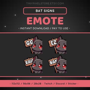 Könnte beinhalten: Vier digitale Illustrationen einer niedlichen Cartoon-Fledermaus, die ein Schild mit unterschiedlichem Text hält. Die Schilder sagen "GG", "EZ", "RAI" und "BAN".