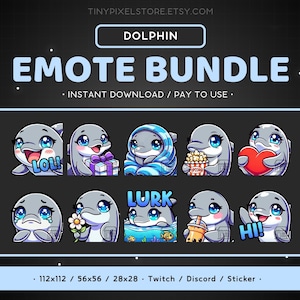 Peut inclure: Un ensemble d'art numérique comprenant dix émoticônes de dauphins de dessins animés avec diverses expressions. Les émoticônes incluent des dauphins avec un cadeau, du pop-corn, un cœur et des bulles de texte disant "LOL" et "HI!". Le texte "EMOTE BUNDLE" est affiché au-dessus des images.