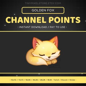 Könnte beinhalten: Eine digitale Illustration eines schlafenden goldenen Fuchses. Der Fuchs ist zusammengerollt und hat die Augen geschlossen. Das Bild ist vor einem schwarzen Hintergrund mit dem Text "CHANNEL POINTS" in gelben Buchstaben platziert. Der Text "INSTANT DOWNLOAD / PAY TO USE" ist ebenfalls in gelben Buchstaben. Das Bild ist in verschiedenen Größen erhältlich, darunter 112x112, 72x72, 56x56, 36x36, 28x28 und 18x18. Das Bild eignet sich für die Verwendung auf Twitch, Discord und als Sticker.