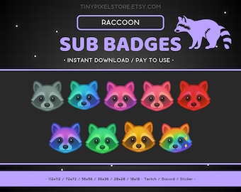 Cute Raccoon Twitch Sub Badge, Emote - Bit Badges, Discord Emoji, Sticker