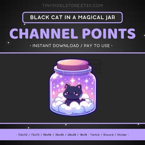 Icono de punto de canal de Twitch de Black Cat, insignia de suscripción, gesto: gesto de Discord de tarro mágico, activos de transmisión, emoji de juegos, calcomanía, insignia de lealtad