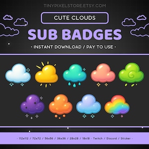 Cloud Twitch Sub Badge, Emote - Bit Badge, Discord Emote, Channel Point Icon, Streaming Assets, Gaming Emoji, Sticker, Loyalty Badge, Sun