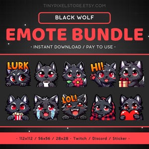 Black Wolf Twitch Emote Bundle 10x - Black Wolf Pack Discord Emote, Cute, Funny, Animal, Streaming Assets, Gaming Sticker