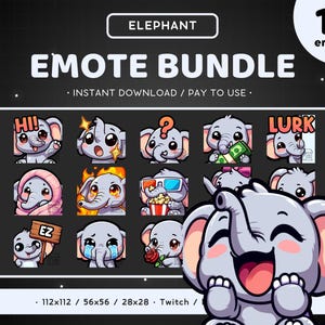 Elephant Twitch Emote Bundle 15x - Discord Emote Pack, Cute Funny Animal, Streaming Assets, Gaming Sticker, Tiktok Sticker, Telegram Sticker