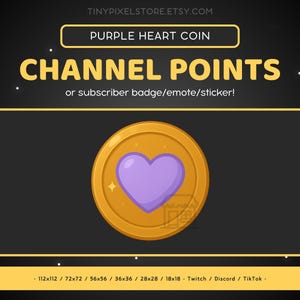Purple Heart Golden Coin Twitch Channel Point Icon, Sub Badge, Emote - Cute Discord Emote, Streaming Assets, Gaming Emoji, Sticker, Love
