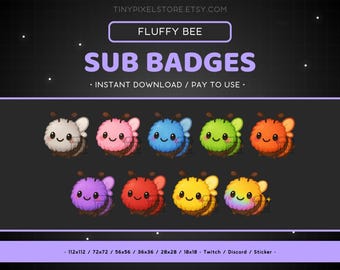 Insignia de suscripción de Twitch de Fluffy Bee, emoticono - Insignias de bits, emoticono de Discord, ícono de punto de canal, recursos de streaming, emoji de juegos, pegatina, insignia de fidelidad