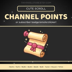 Puede incluir: Ilustración digital de un pergamino lindo con una cinta rosa y acentos. El texto dice "CHANNEL POINTS" y "CUTE SCROLL". El pergamino está diseñado para insignias, emotes o pegatinas de suscriptor.