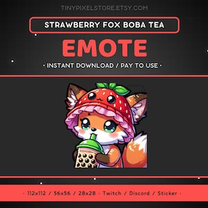 Fox Strawberry Boba Tea Twitch Emote - Fox Bubble Tea Discord Emote, Streaming Assets, Gaming, Naklejka, Emotikon, Zwierzę, Zabawny, Uroczy
