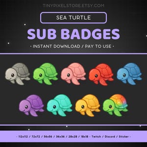Odznaka Sea Turtle Twitch Sub, Emotka - Odznaki Bit, Emotka Discord, Ikona Channel Point, Zasoby do przesyłania strumieniowego, Emoji do gier, Naklejka, Odznaka lojalnościowa