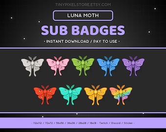Insignias de suscripción de Luna Moth para Twitch y emoticonos de Discord (descarga digital)