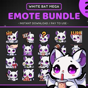 Puede incluir: Un conjunto de 25 emoticonos animados de Twitch que representan un murciélago blanco con ojos y alas morados. Los emoticonos representan al murciélago en varias poses y expresiones, incluyendo sonriendo, guiñando un ojo y sosteniendo una taza de boba tea. El texto "WHITE BAT MEGA EMOTE BUNDLE" se muestra en la parte superior de la imagen.