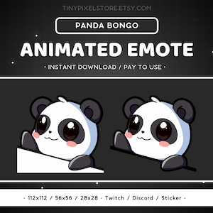 Puede incluir: Emoticono animado para Twitch y Discord con un lindo panda con ojos negros y cara blanca. El panda está mirando por encima de una superficie blanca. El texto "ANIMATED EMOTE" se muestra arriba del panda.