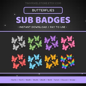 Odznaka Butterfly Twitch Sub, Emotka - Odznaki Bit, Emotka Discord, Ikona Channel Point, Zasoby do przesyłania strumieniowego, Emoji do gier, Naklejka, Odznaka lojalnościowa