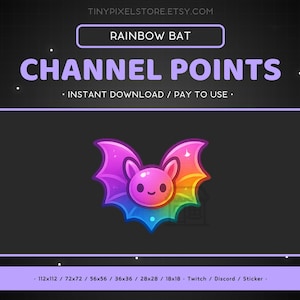 Könnte beinhalten: Eine Regenbogen-Fledermaus mit einem rosa Körper und einer Regenbogen-Flügelspannweite. Die Fledermaus lächelt und hat ein süßes, cartoonartiges Aussehen. Der Text "CHANNEL POINTS" befindet sich über der Fledermaus, und der Text "INSTANT DOWNLOAD / PAY TO USE" befindet sich unter der Fledermaus.